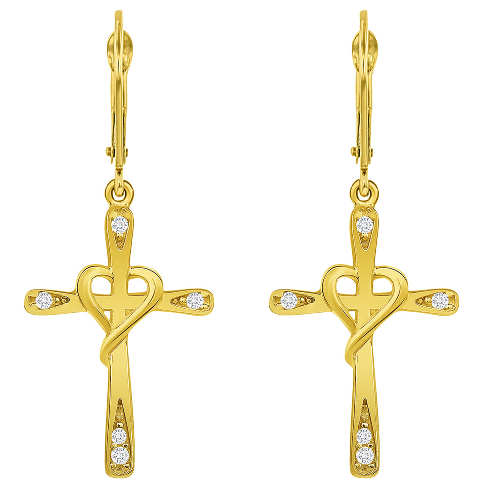 14k Gold Cross CZ Heart Dangle Drop Earrings