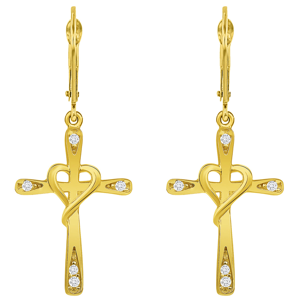 14k Gold Cross CZ Heart Dangle Drop Earrings