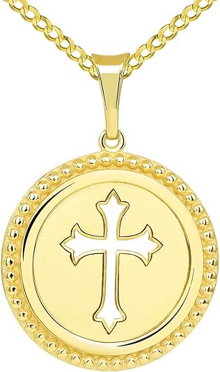 14k Gold Cross Medallion Pendant Curb Necklace