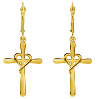 Load image into Gallery viewer, 14k Gold Cross with Heart Dangle Drop Earrings
