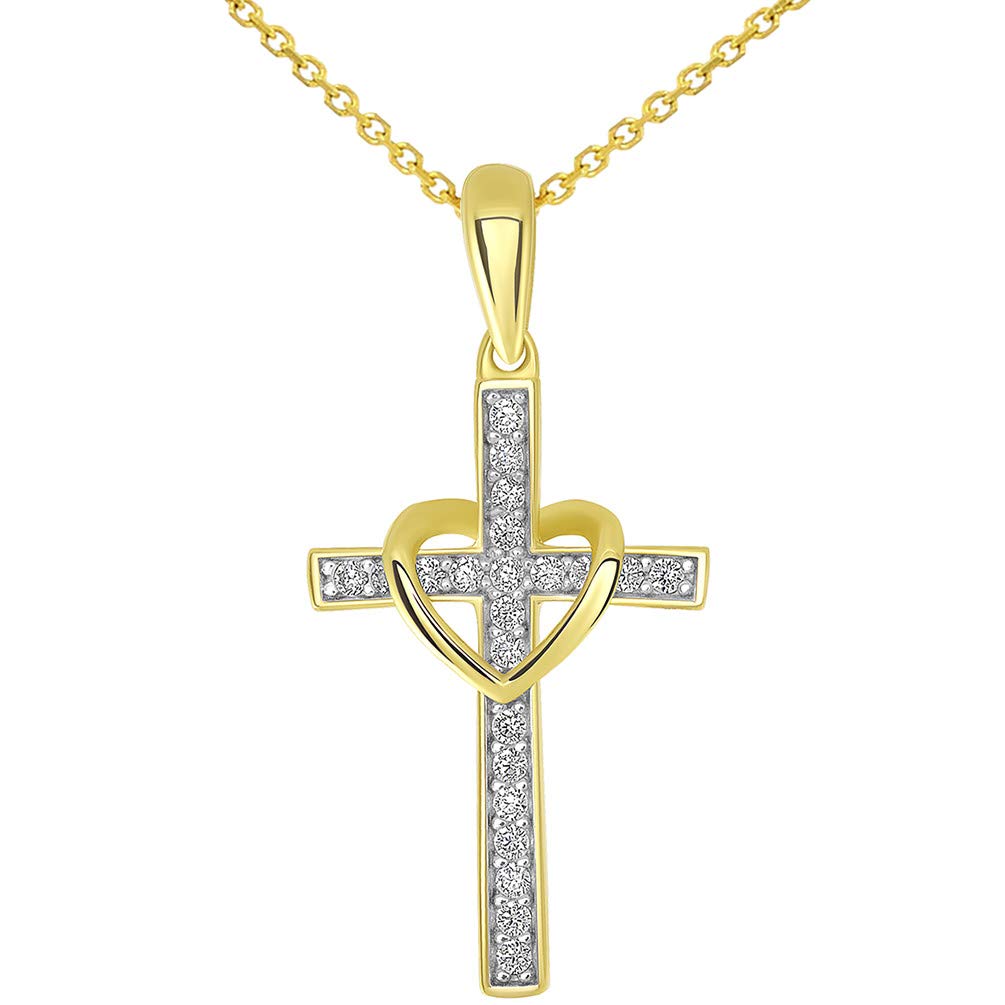 14k Gold Cubic Zirconia Heart Cross Necklace