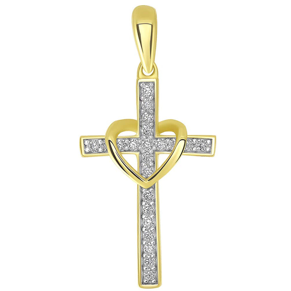 14k Gold Cubic Zirconia Stud Heart Cross Pendant
