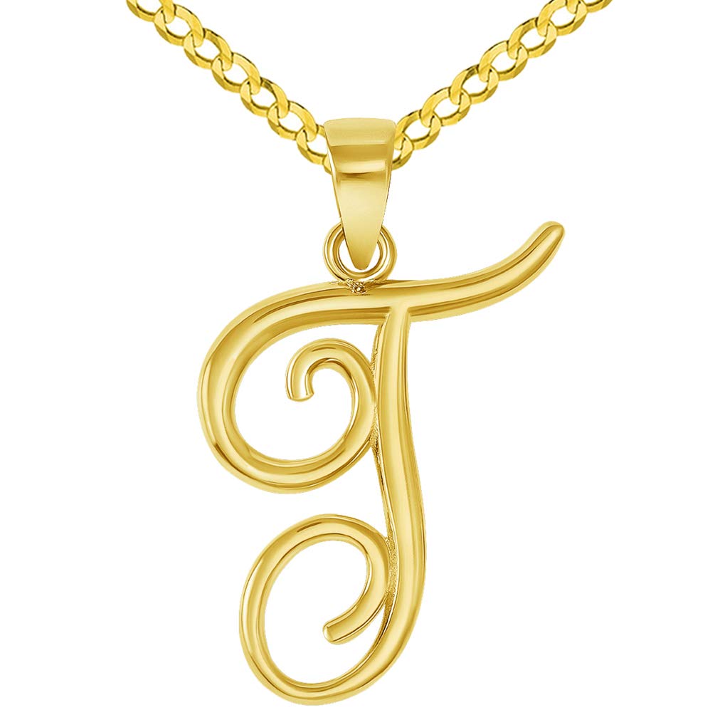 14k Gold Cursive T Initial Pendant Necklace