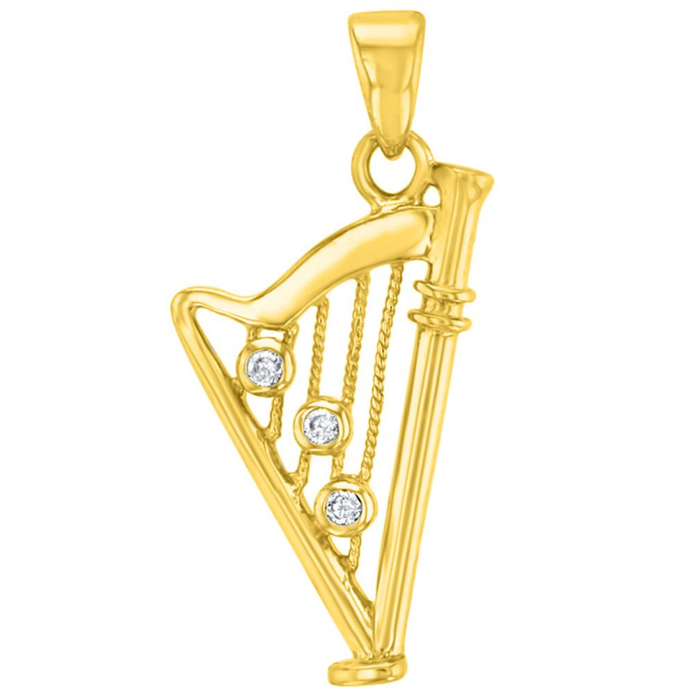 14K Gold CZ Harp Musical Instrument Pendant