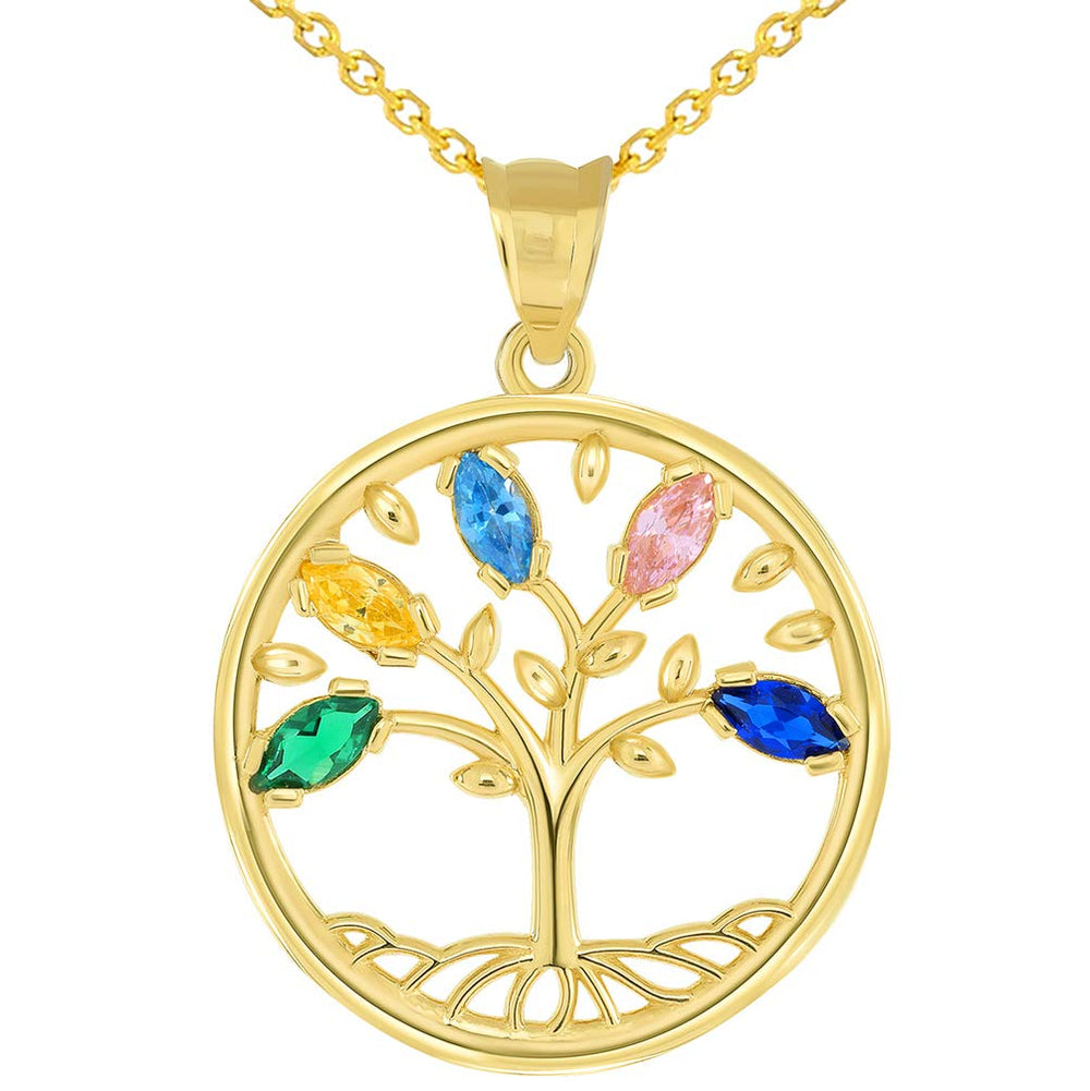 14k Gold CZ Round Tree of Life Pendant Necklace