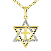 Load image into Gallery viewer, 14k Gold CZ Star of David Pendant with Figaro Chain Necklace
