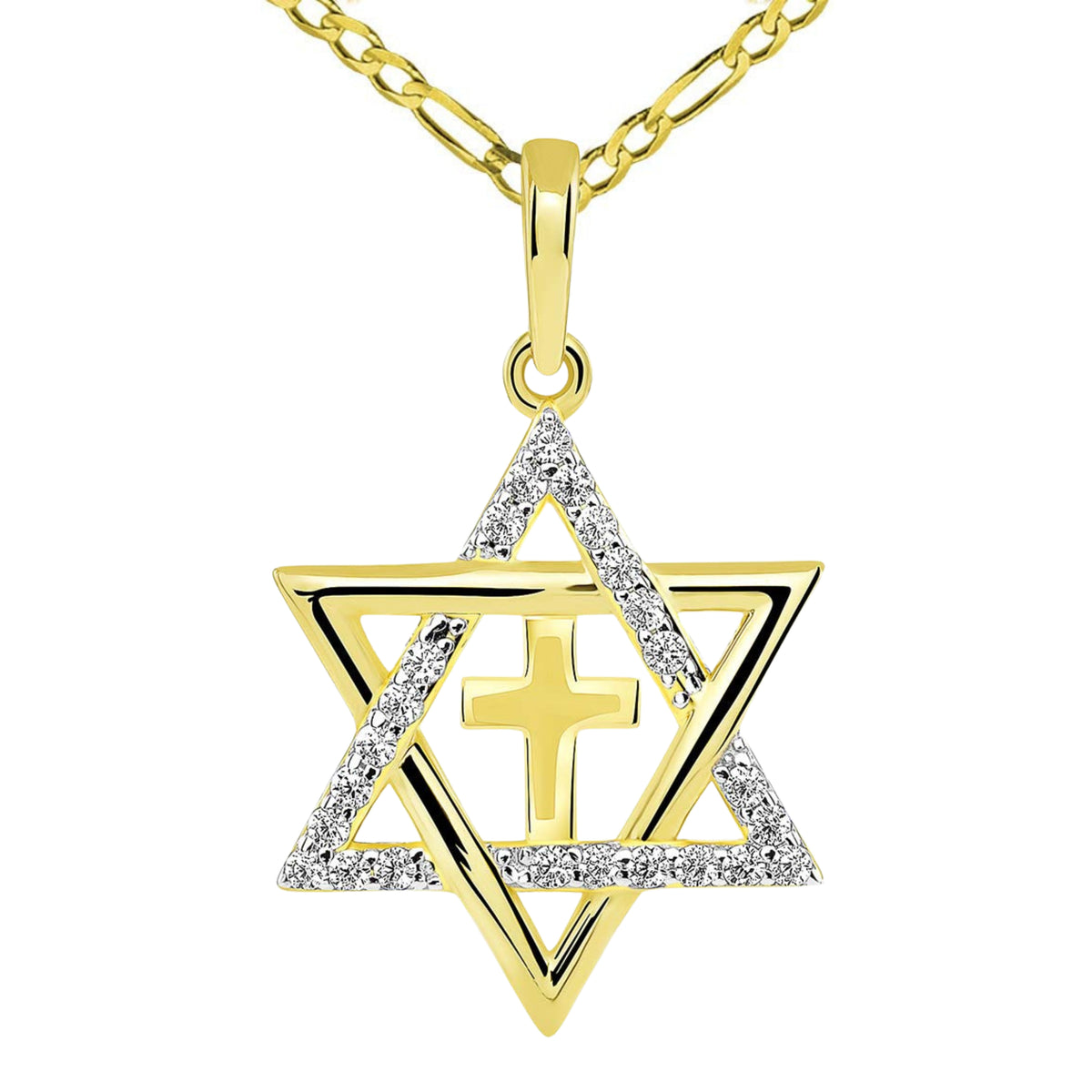 14k Gold CZ Star of David Pendant with Figaro Chain Necklace