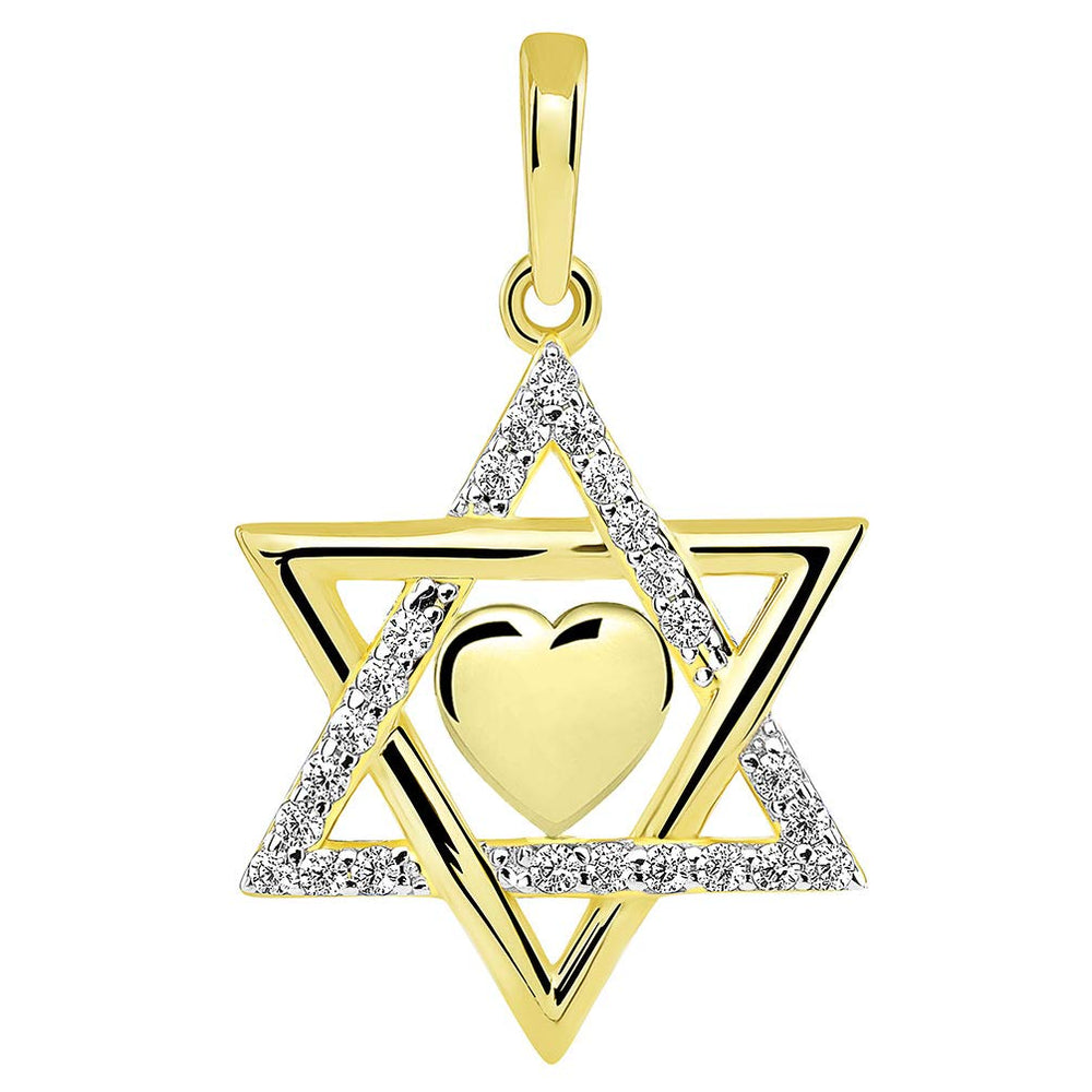 14k Gold CZ Star of David with Heart Pendant