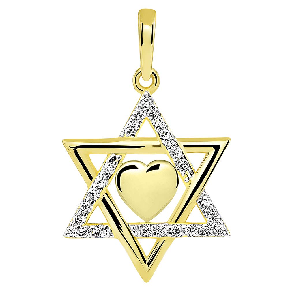 14k Gold CZ Star of David with Heart Pendant