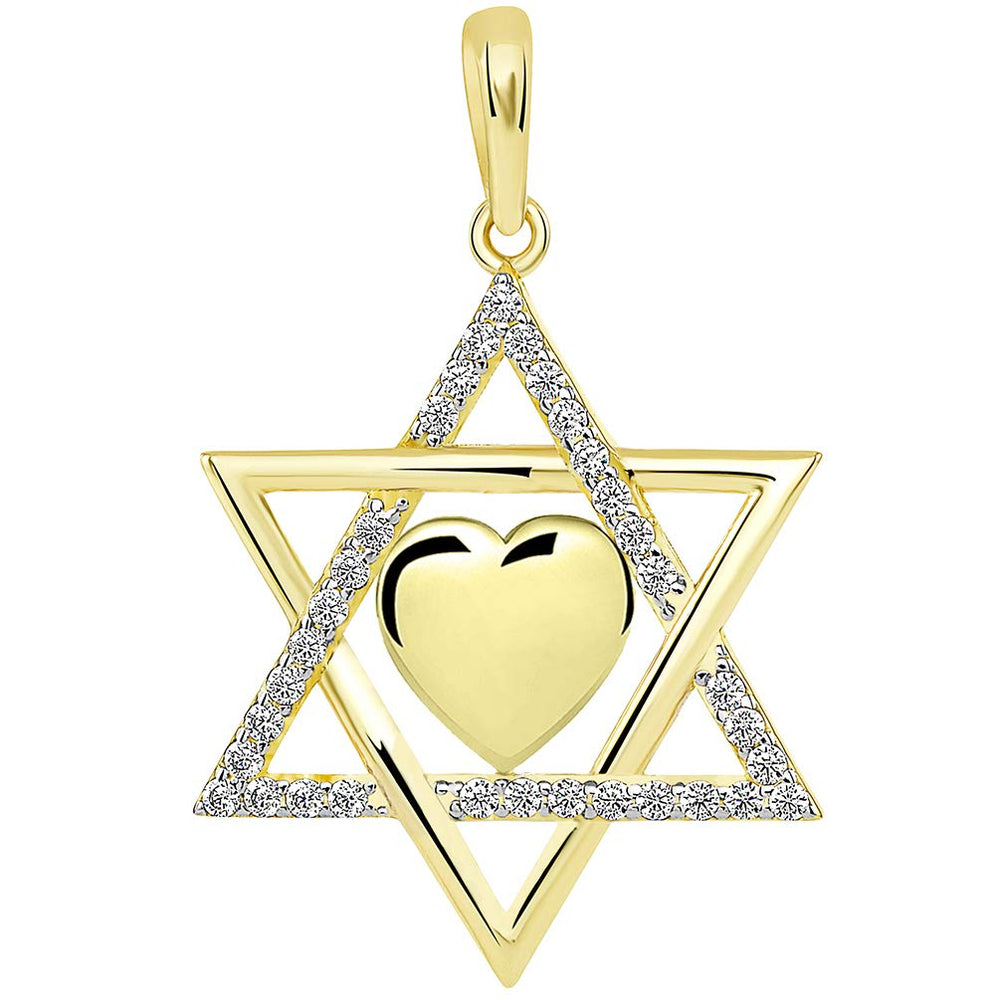 14k Gold CZ Star of David with Heart Pendant
