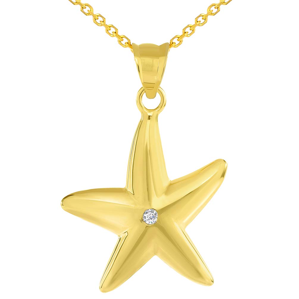 14k Gold CZ Starfish Pendant with Rolo Cable Chain