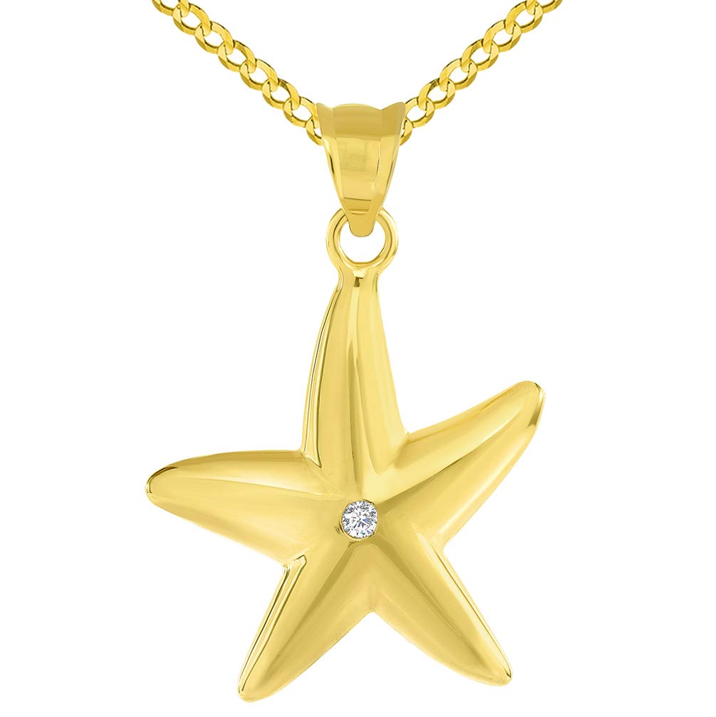 14k Gold CZ Starfish Pendant with Curb Chain