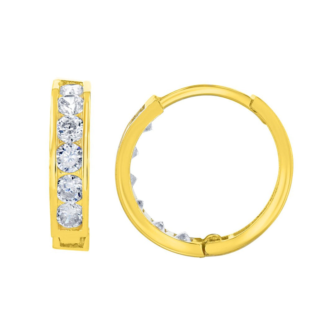 14K Gold CZ Studded Hoop Huggie Earrings, 3mm