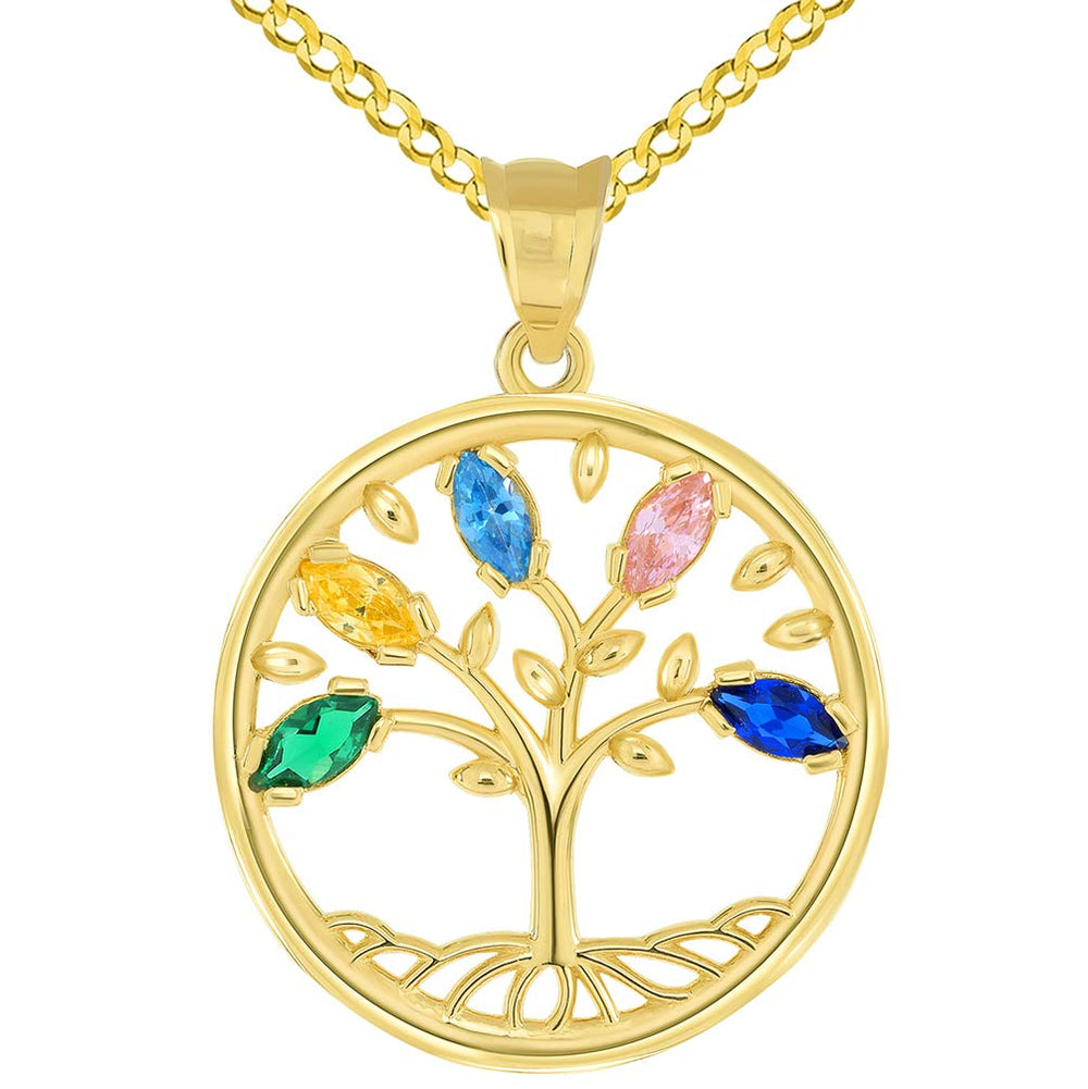 14k Gold CZ Tree of Life Pendant Curb Necklace