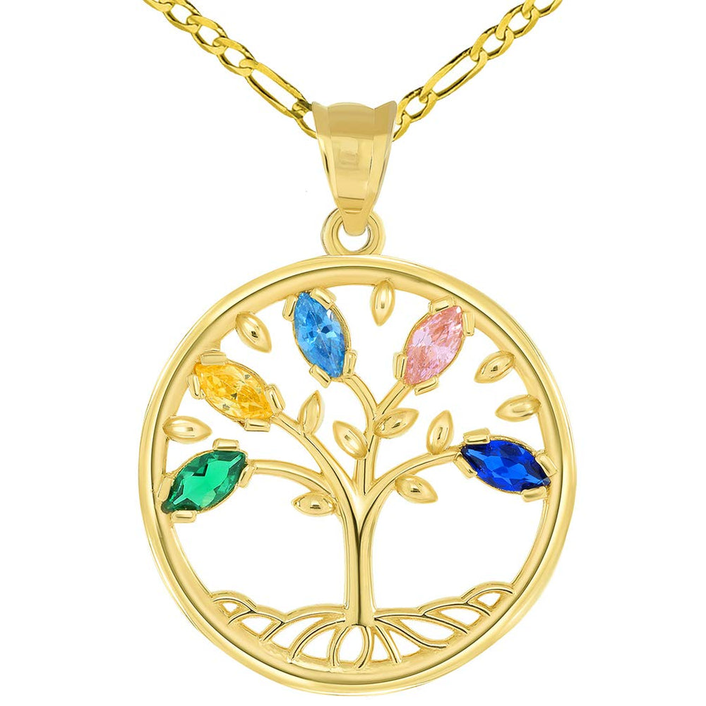 14k Gold CZ Tree of Life Pendant Figaro Necklace