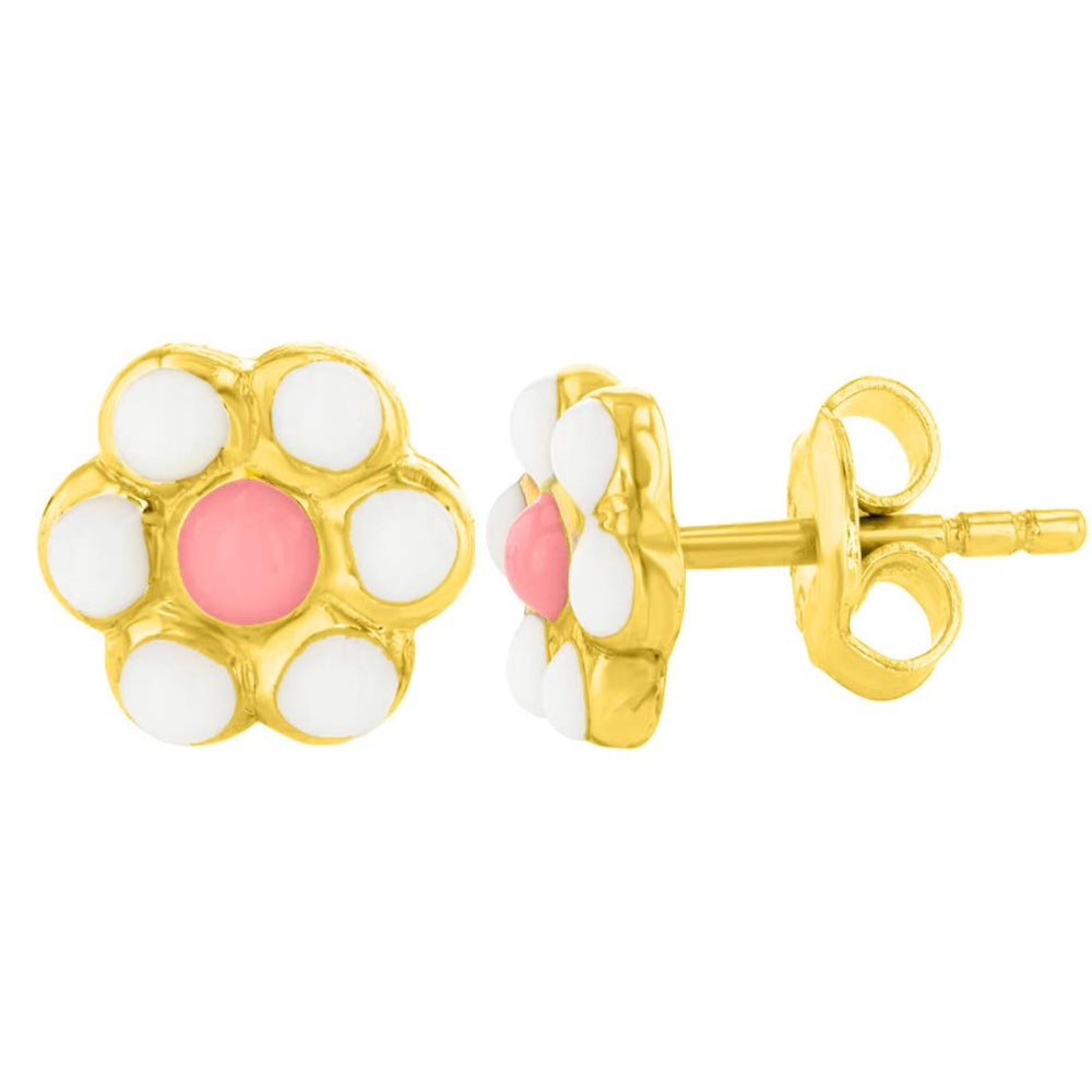 14k Gold Daisy Flower Stud Earrings with Enamel