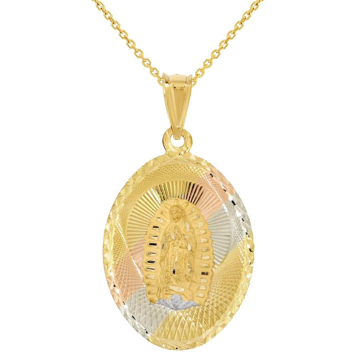 14K Gold Oval Diamond-Cut Our Lady of Guadalupe Pendant Necklace - Tri-Color