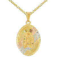 Load image into Gallery viewer, 14K Gold Oval Diamond-Cut Our Lady of Guadalupe Pendant Necklace - Tri-Color

