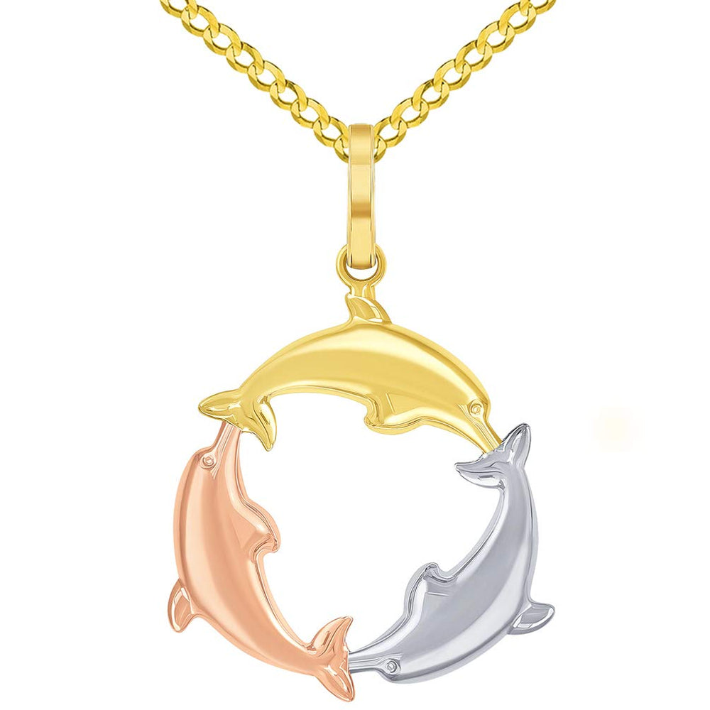 14k Gold Dolphin Circle Pendant Cuban Necklace