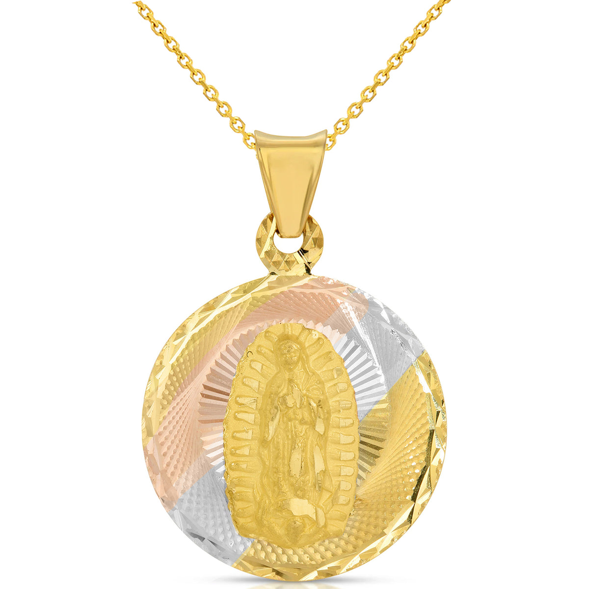 Solid 14K Tri-Color Gold Textured Round Double-Sided Guadalupe and Jesus Crucifix Medallion Pendant Necklace