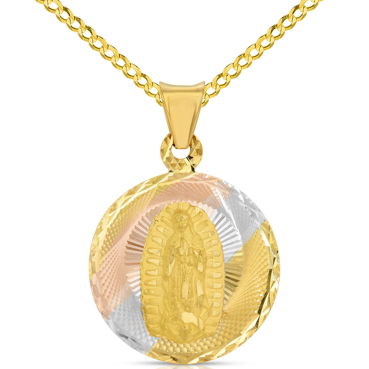 Solid 14K Tri-Color Gold Textured Round Double-Sided Guadalupe and Jesus Crucifix Medallion Pendant Necklace