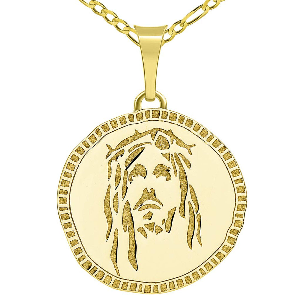 14k Gold Engraved Face of Jesus Pendant on Figaro Chain Necklace