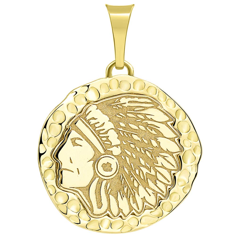 14k Gold Engraved Indian Head Round Pendant