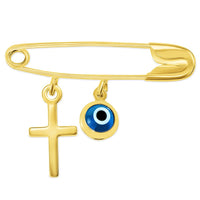 Load image into Gallery viewer, 14k Gold Evil Eye and Cross Safety Pin Brooch
