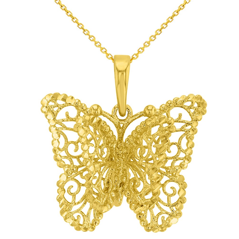 14K Gold Filigree Butterfly with Four Wings Pendant Necklace