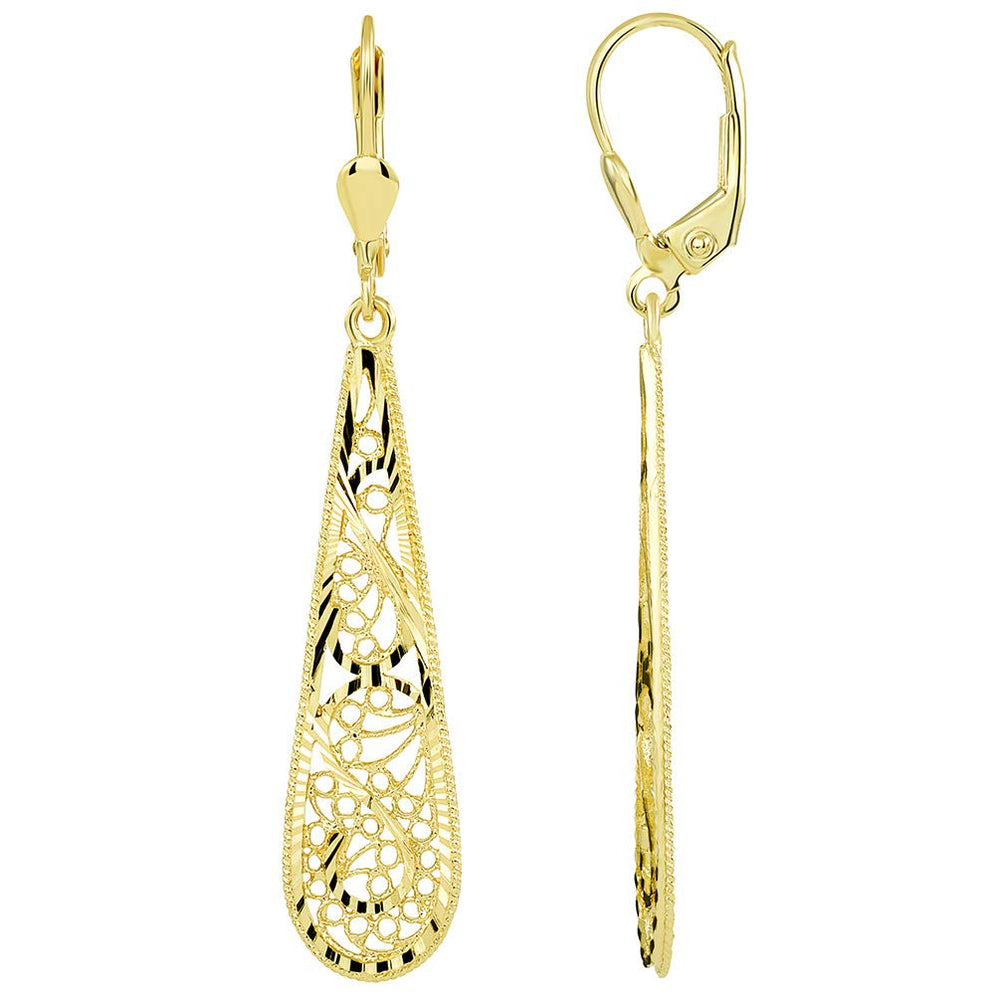 14k Gold Filigree Teardrop Dangle Drop Earrings