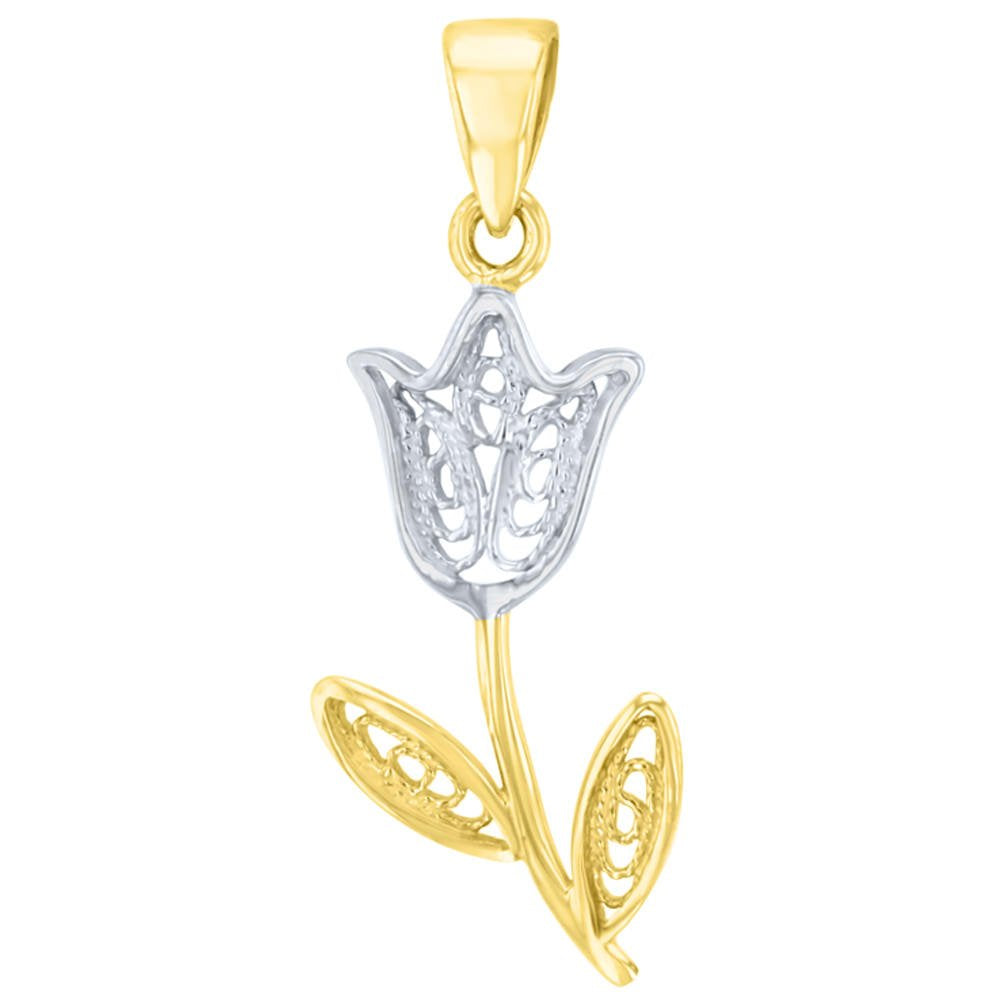 14k Gold Filigree Tulip Two Tone Flower Pendant