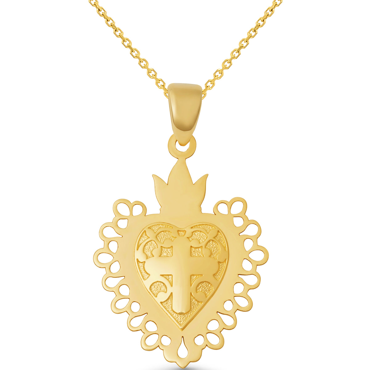 14K Gold Milagro-Style Flaming Sacred Heart Cross Pendant Necklace