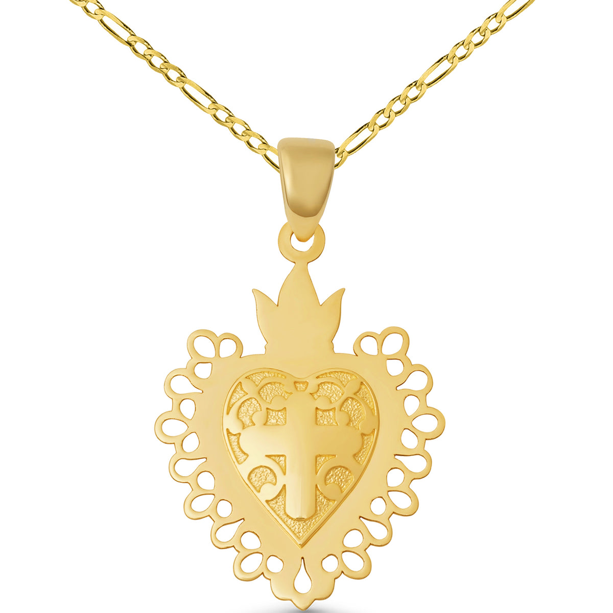 14K Gold Milagro-Style Flaming Sacred Heart Cross Pendant Necklace