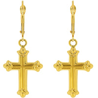 Load image into Gallery viewer, 14k Gold FleurDe-Lis Cross Dangle Drop Earrings
