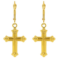 Load image into Gallery viewer, 14k Gold FleurDe-Lis Cross Dangle Drop Earrings
