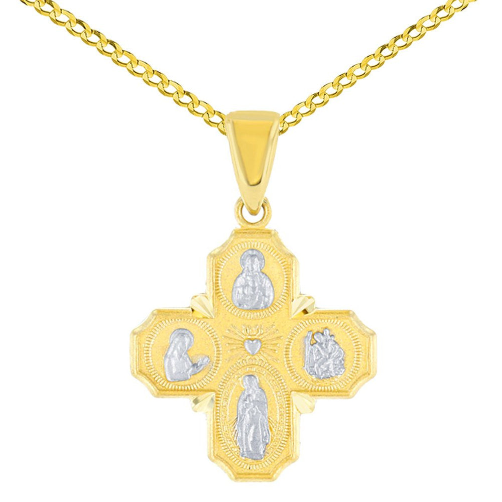  14K Gold Four Way Cross with God Bless Pendant