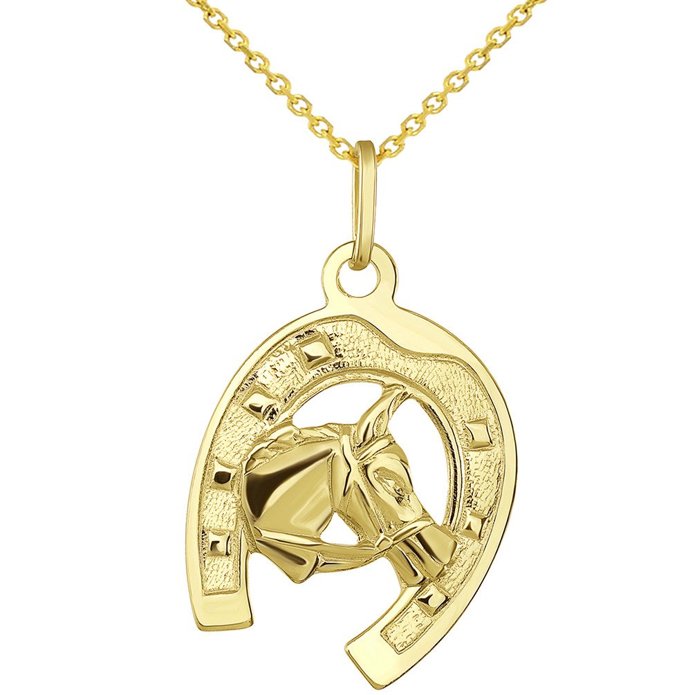 14K Gold Good Luck Horseshoe with Head Pendant Necklace