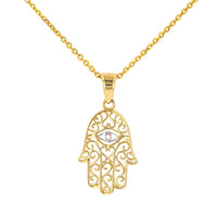 Load image into Gallery viewer, Solid 14K Gold Filigree Hamsa Hand of Fatima with Evil Eye Pendant Necklace
