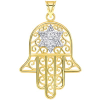 Load image into Gallery viewer, 14k Gold Hamsa Hand with Star of David Pendant
