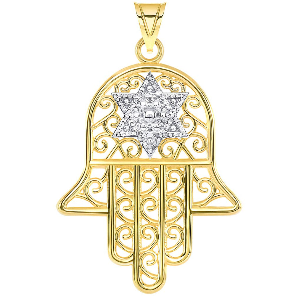 14k Gold Hamsa Hand with Star of David Pendant