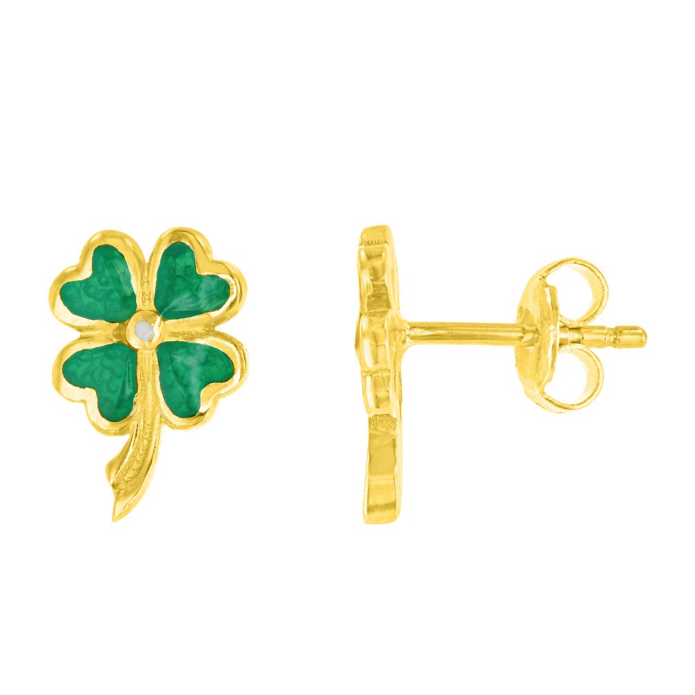 14K Gold Heart Four Leaf Clover Stud Earrings