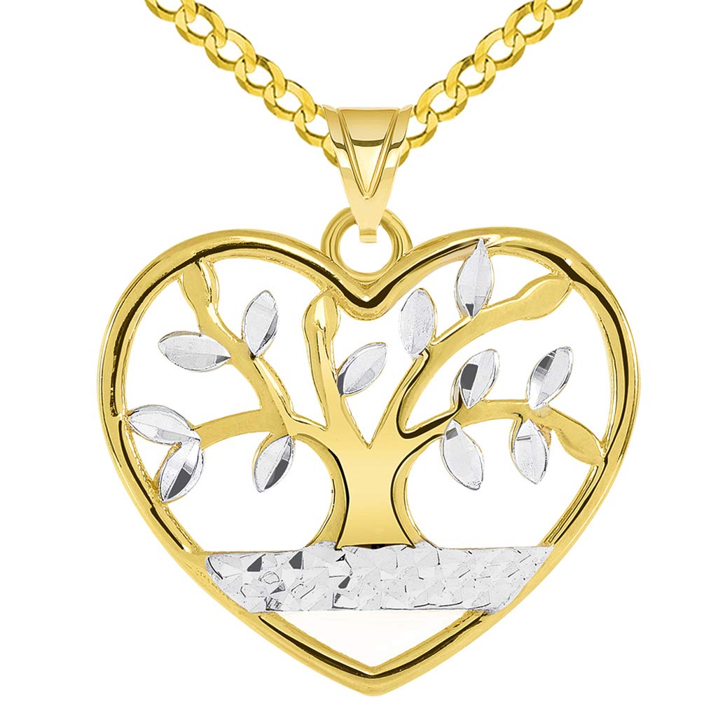 14k Gold Heart Tree of Life Pendant Curb Chain Necklace