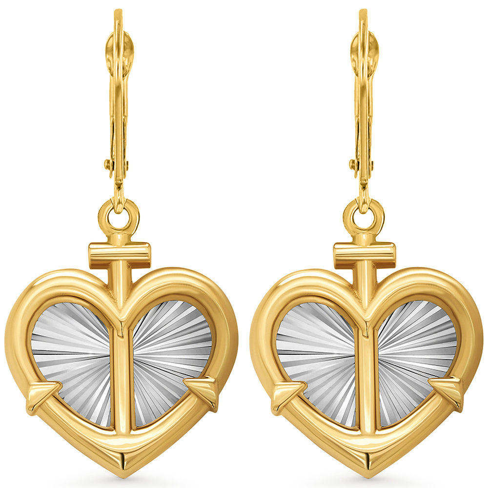14k Gold Heart with Anchor Dangle Drop Earrings