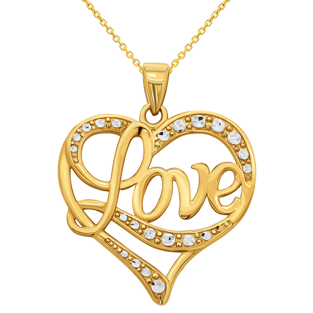 14k Gold Heart with Love Written Pendant Necklace