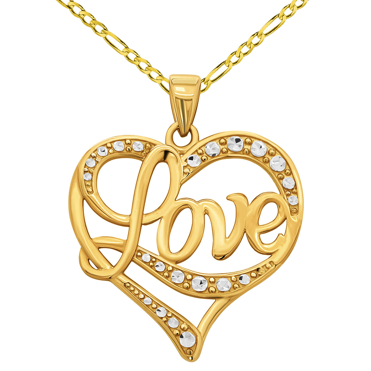 14k Gold Heart with Love Written Pendant Necklace