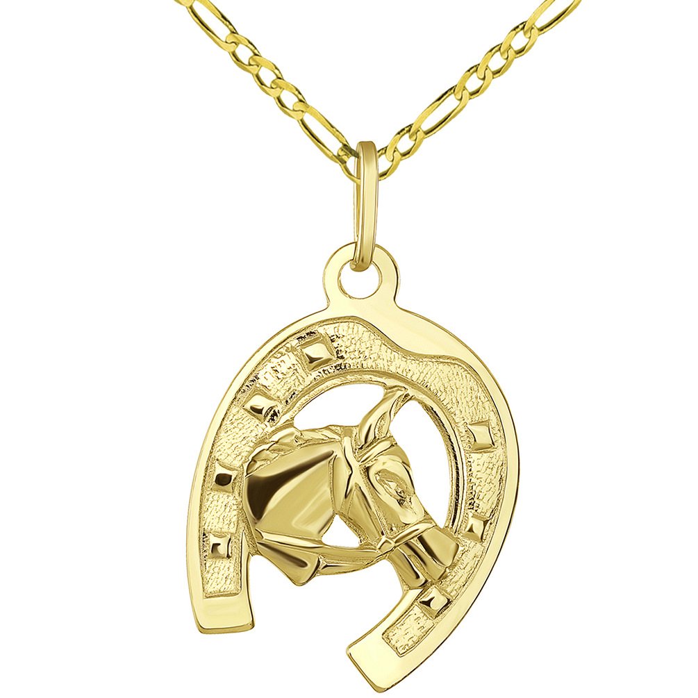 14K Gold Horseshoe Horse Head Pendant Necklace