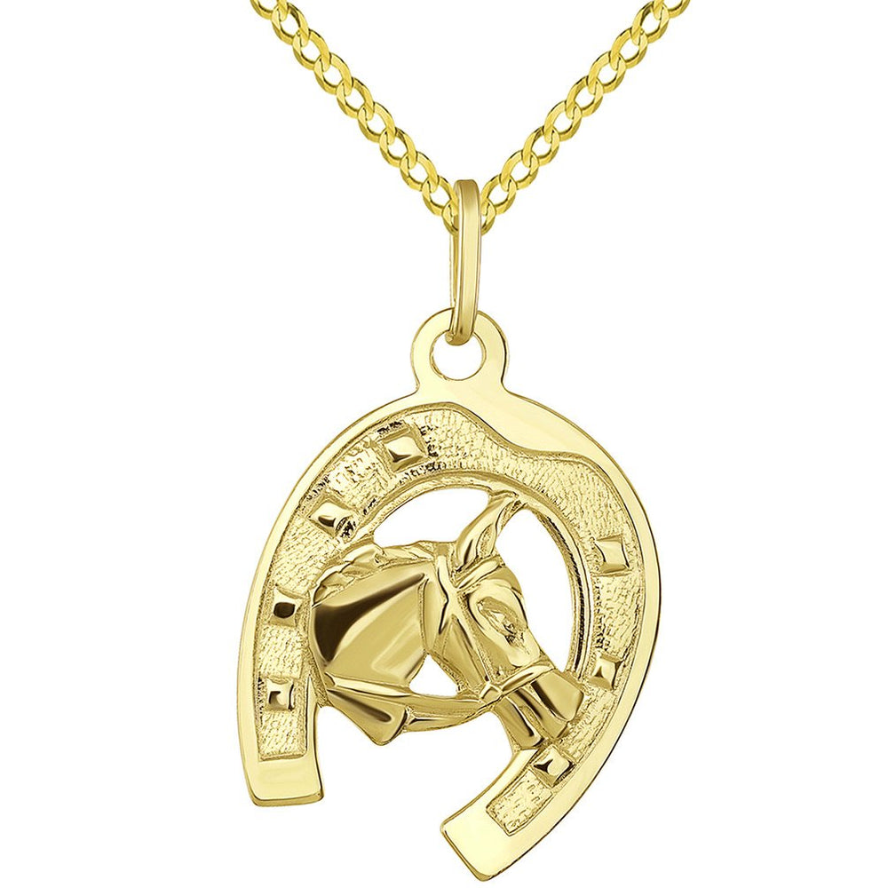 14K Gold Horseshoe Horse Head Pendant Necklace