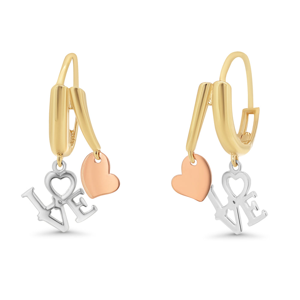 14K Gold Huggie Hoop Earrings LOVE Heart Charms