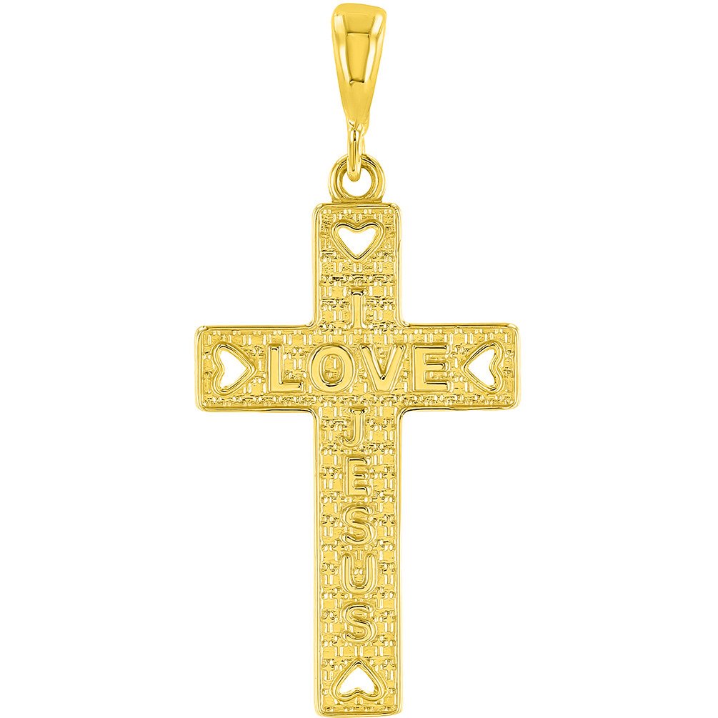 14K Gold I Love Jesus Cross Charm Pendant