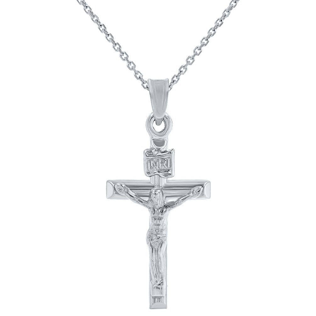 14K Gold INRI Crucifix Cross Pendant Necklace